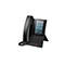 Ein schwarzes IP-Telefon mit Touchscreen, auf dem Uhrzeit und Datum angezeigt werden.