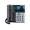 Ein schwarzes Poly-Tischtelefon mit grünem Bildschirm. Auf dem Bildschirm sind Optionen wie "Anrufliste", "Kontakte", "Kürzlich" und "Menü" zu sehen. Das Telefon hat silberne Knöpfe, darunter Ziffern und Funktionstasten.
