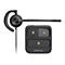 Schwarzes Plantronics Headset mit Ladestation und Bedientasten für Telefon, PC und Stummschaltung.