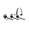 Drei schwarze Plantronics Headsets mit unterschiedlichen Tragevarianten vor weißem Hintergrund.