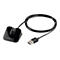 Schwarze Ladestation mit USB-Kabel. Auf der Basis steht "plantronics".