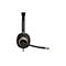 Schwarzes Headset mit goldenen Akzenten und Mikrofonarm vor weißem Hintergrund.