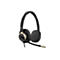 Schwarzes Headset mit goldenen Akzenten, verstellbarem Kopfbügel und Mikrofonarm vor weißem Hintergrund.