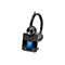 Schwarzes Poly-Headset mit Basisstation. Das Headset hat ein Mikrofon und sitzt auf einer Dockingstation mit Bildschirm.