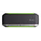 Ein graues rechteckiges Gerät mit abgerundeten Ecken. Oben und unten verläuft ein grünes Lichtband. Auf der Unterseite befinden sich Bedienelemente.
