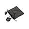 Schwarzes Poly-Headset teilweise in einer passenden schwarzen Stofftasche mit Kordelzug.