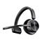 Schwarzes Bluetooth-Headset mit Mikrofonarm, Detailaufnahme vor weißem Hintergrund.