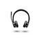 Schwarzes On-Ear-Headset mit klappbarem Mikrofonarm vor weißem Hintergrund.