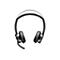 Draufsicht auf ein schwarzes Headset mit Ohrmuscheln, Mikrofon und Kopfbügel. Der Hintergrund ist weiß.