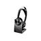 Drahtloses Headset mit Ladestation, schwarz und grau. Auf der Ohrmuschel befinden sich Tasten.