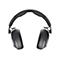 Draufsicht auf einen schwarzen Kopfhörer mit gepolsterten Ohrmuscheln und einem gepolsterten Bügel vor weißem Hintergrund.