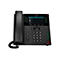 Schwarzes Poly-Telefon mit Display und vielen Tasten. Das Display zeigt Optionen wie "Neuer Anruf" und "Nachrichten". Auf dem Telefon sind weitere Knöpfe und ein Hörer zu sehen.