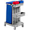 Gray cleaning cart with blue cover and bag, red and blue buckets.