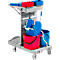Cleaning cart with buckets, mop press, and cleaning solution containers.