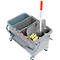 Grey cleaning cart with bucket, sponge, and mop. The mop handle is orange.