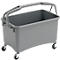 Gray rectangular mop bucket with handle and wheels. Brackets for the handle are attached to the sides of the bucket.