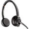 Black Plantronics headset with microphone. The headband reads "Plantronics" and the earpiece reads "PLT".