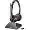 Black headset with charging station and dongle. Poly logo.