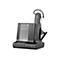 Drahtloses Headset mit Ladestation. Das Headset ist auf der Ladestation angedockt. Das Plantronics Logo ist deutlich sichtbar.