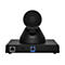 Caméra de visioconférence noire avec fentes d'aération circulaires et port USB 3.0. Sur fond blanc.