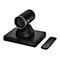 Caméra de visioconférence noire avec télécommande. La caméra a une forme cylindrique, montée sur une base rectangulaire. Veille et alimentation sont indiqués sur la base.