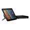 Une tablette à écran tactile noire est posée sur un support métallique, à côté d'un ordinateur HP Elite Mini noir. Des informations de réunion sont visibles sur l'écran de la tablette.
