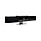 Schwarze Videokonferenz-Soundbar auf silbernem Standfuß. Mittig eine Kamera, links und rechts Lautsprechergitter.