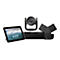 Videokonferenzanlage mit Tablet, Kamera und schwarzen Elementen. Auf dem Tablet sind Termine und Funktionen zu sehen.