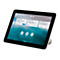 Ein schwarzes Tablet auf einem weißen Ständer mit einem Meeting-Planer-Bildschirm. Datum: 13. Oktober, verschiedene Meetings aufgelistet.