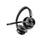Drahtloses Headset in Grau, schwarzer Mikrofonarm, Knöpfe mit Plus- und Minuszeichen.