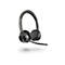 Drahtloses Headset auf weißem Grund. Graue Ohrmuscheln, Bügel und Mikrofonarm. Die Marke Poly ist sichtbar.