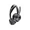 Dunkelgraues Headset, Detailaufnahme. Ovale Ohrmuschel, Mikrofon am Bügel, silberfarbene Bedienelemente.