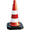Orange traffic cone with white stripes, stands on a black base.