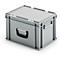 Gray plastic box with lid and handle, view from the front.