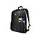 Schwarzer Laptop-Rucksack mit USB-Anschluss, Branding und Etikett 'INCLUS'.