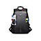 Schwarzer Rucksack mit Etiketten. Vorderseite, Griff, ReiÃŸverschlÃ¼sse, Logo.
