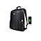 Schwarzer Rucksack mit externem USB-Anschluss, lÃ¤dt Smartphone auf.
