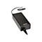 Adaptateur secteur noir avec logo, lumiÃ¨re bleue et connexion par cÃ¢ble. Sur fond clair.