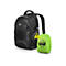 Schwarzer Laptop-Rucksack mit reflektierenden Elementen, neben einer neongrÃ¼nen RegenhÃ¼lle. Logo Port Designs.