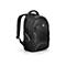 Schwarzer Rucksack mit gepolsterten Schultergurten und Tragegriff. Kleine ReiÃŸverschlusstaschen und Logo.