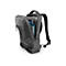 Grauer Rucksack, offen, mit Laptop und Tablet. Schwarzer Tragegriff und Schultergurte.