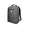 Grauer Rucksack mit Griff und Logo. Rechteckiges Design mit Schultergurten. Auf hellem Hintergrund.