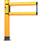 Barrière de stationnement jaune et noire, deux barres horizontales, logo.