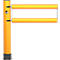 Barrière jaune avec deux barres horizontales sur un poteau. Un logo est représenté sur le poteau.