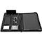 Portefeuille noire, intérieur avec support pour téléphone, tablette, bloc-notes et emplacements pour cartes. Inscription : "Alassio".