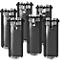 Image en niveaux de gris de six clips noirs identiques avec des supports métalliques et des éléments transparents.