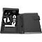 Carnet organisateur noir, ouvert avec smartphone, câble, stylo et bloc-notes.