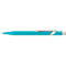 Stylo turquoise, plan rapproché. Avec clip argenté et plume.