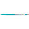 Stylo turquoise, clip en métal, pointe, vue de dessus.