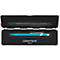 Deux stylos dans un étui blanc ouvert. Un stylo est noir, l'autre turquoise. Les deux sont placés dans des renfoncements dans un insert noir.